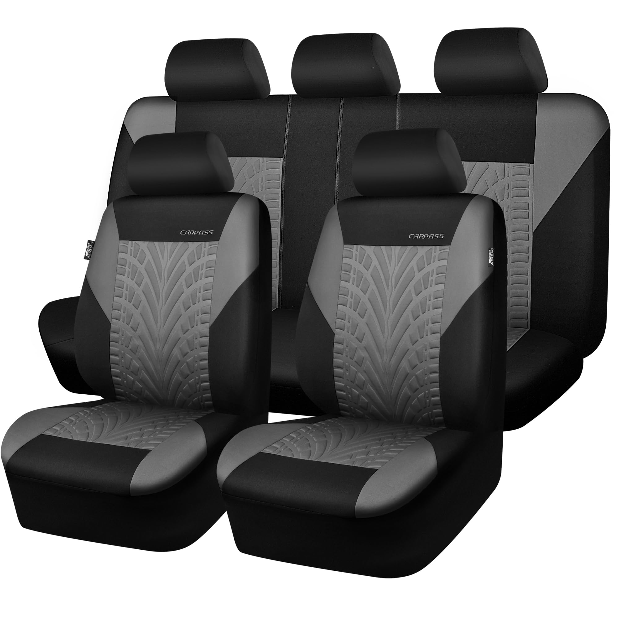 CAR PASS Autositzbezüge Komplettes Set, Vorder und Geteilte Rückbank, 3D Reifendruck Auto-Innenbezüge, Airbag Kompatibel, Schnelle Einrichtung, Universelle Passform(Komplettes, Schwarz und Grau)