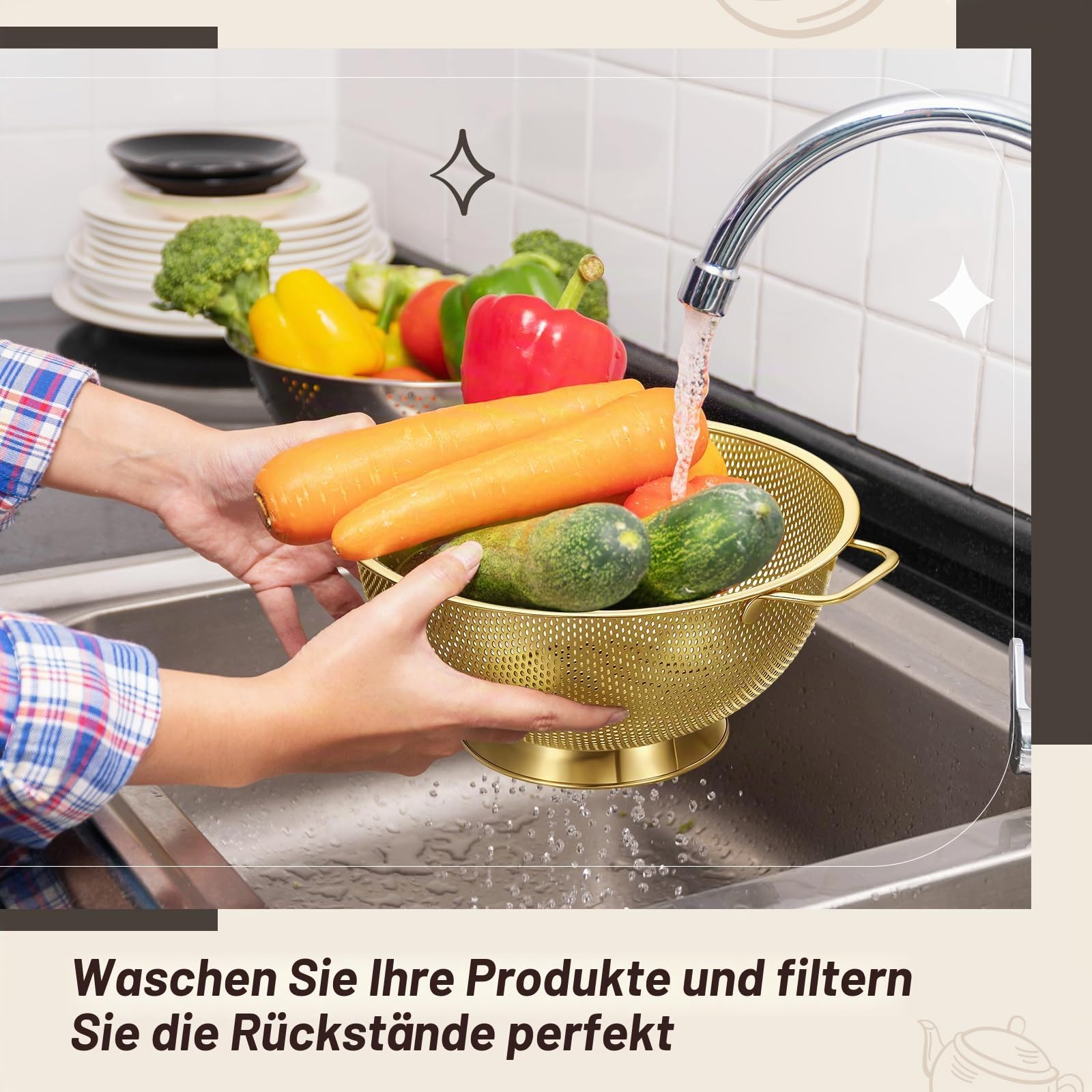 Baderke 7-teiliges goldenes Küchenzubehör beinhaltet Edelstahlsieb mit Griffen, 3 goldene Rührschüsseln mit luftdichten Deckeln und 3 feinmaschigen Sieben (Sieb: 5 Qt, Rührschüsseln: 1,5/2/3 Qt)