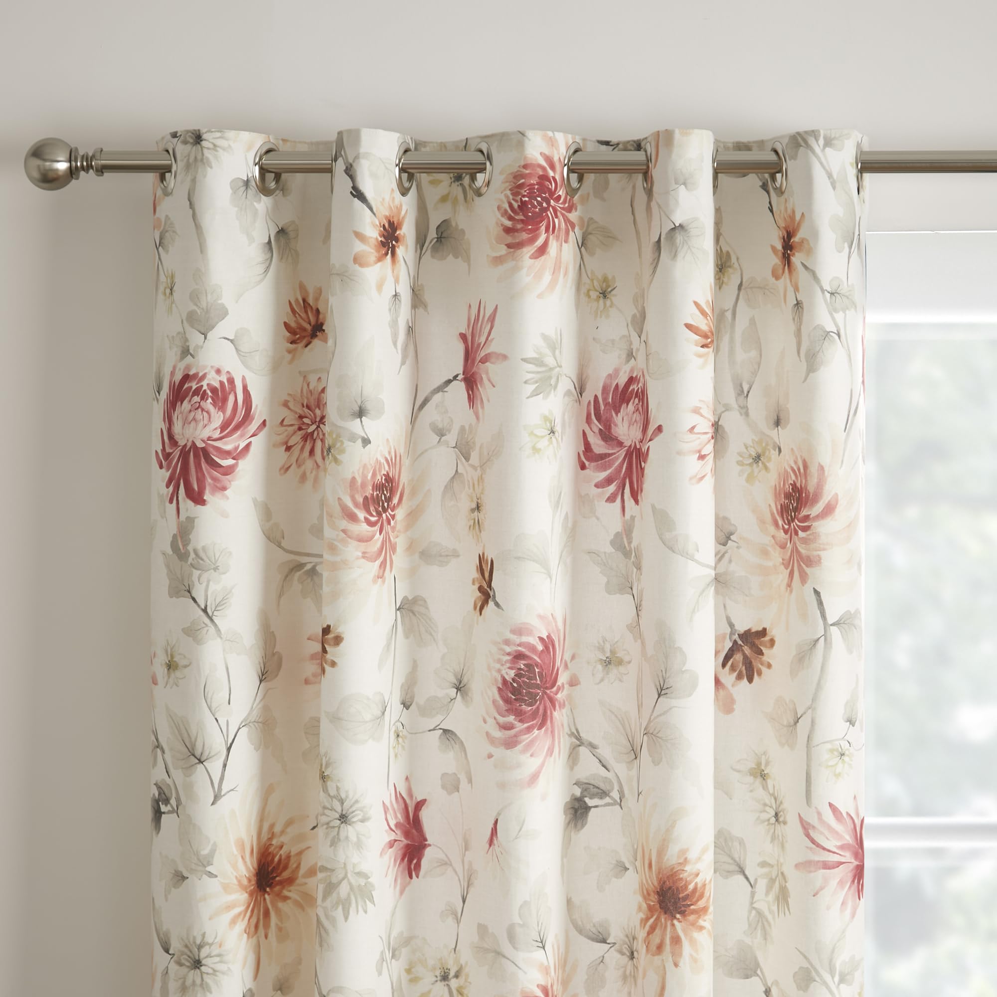 Dreams & Drapes, White & Red Floral Curtains W66 x L54 (168 x 137cm), Coral Red Flower Eyelet Curtains - Image 2