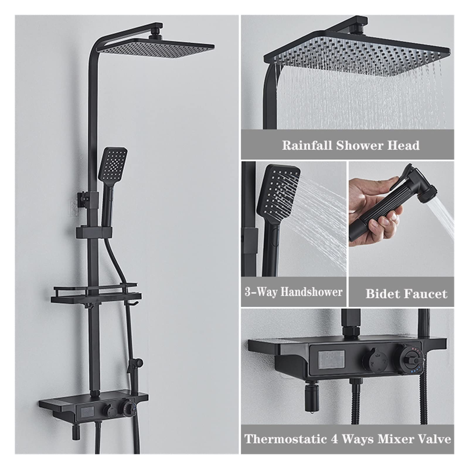 Rubinetto Doccia termostatico Nero a Cascata Display Digitale Set Doccia Rubinetto Bidet Ruota Rubinetto Vasca con Gru a mensola(Black Thermostatic)