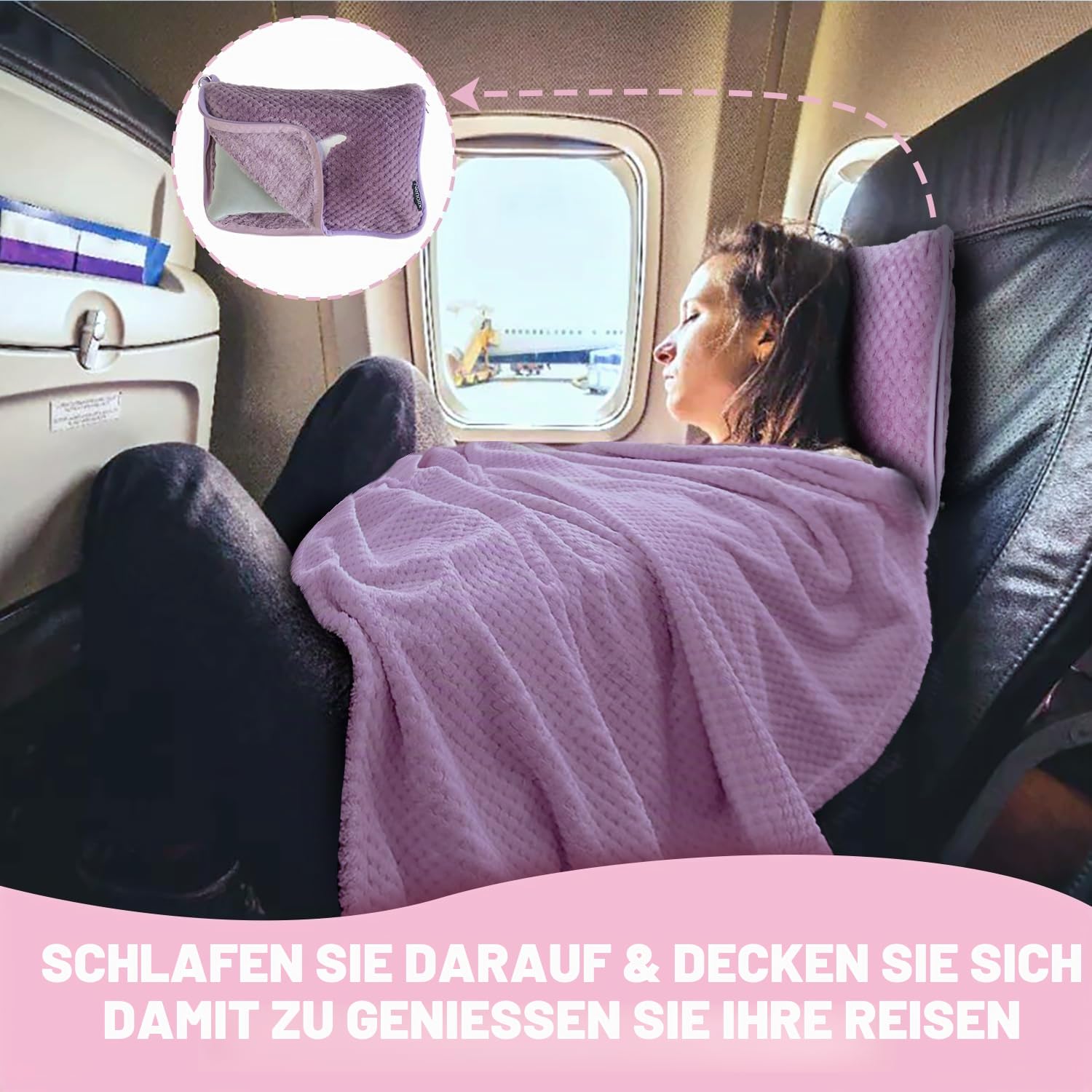 3-in-1-Reisedecke-Kissen-Set, 350 g/m², Dicke Reisedecke, Flugzeug, kompakt, mit Tasche, weiche Tasche mit Tasche, aufblasbares Reisekissen für Camping & Autoreise (Violett)