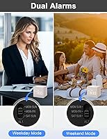 Vista 4 de Despertador digital con pantalla LED electrónica, de madera, 3 alarmas, relojes eléctricos pequeños de madera de 6.3 cm cúbicos para recámara, Blanco