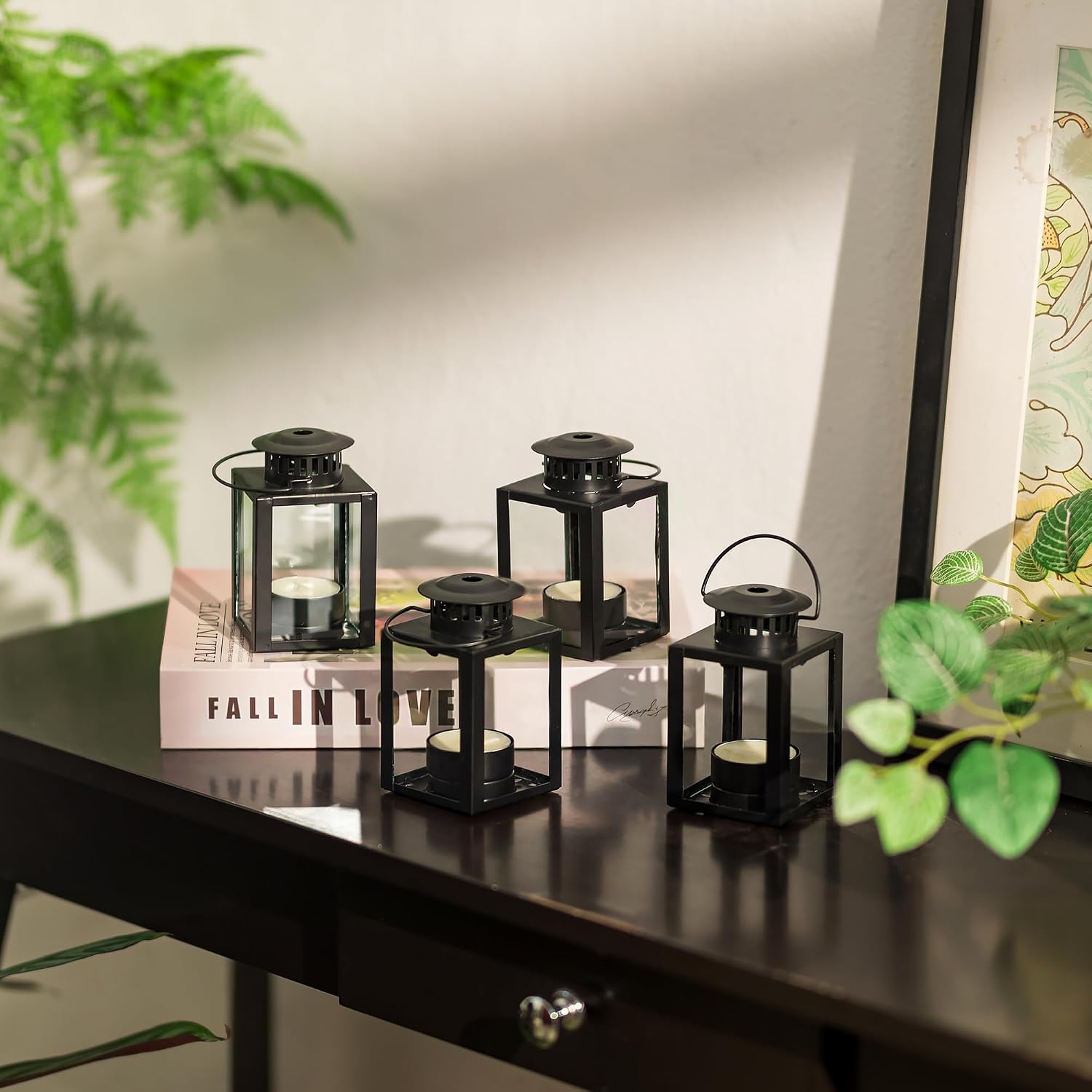 Small Black Lantern Decorative Outdoor, Set of 4 Candle Holder