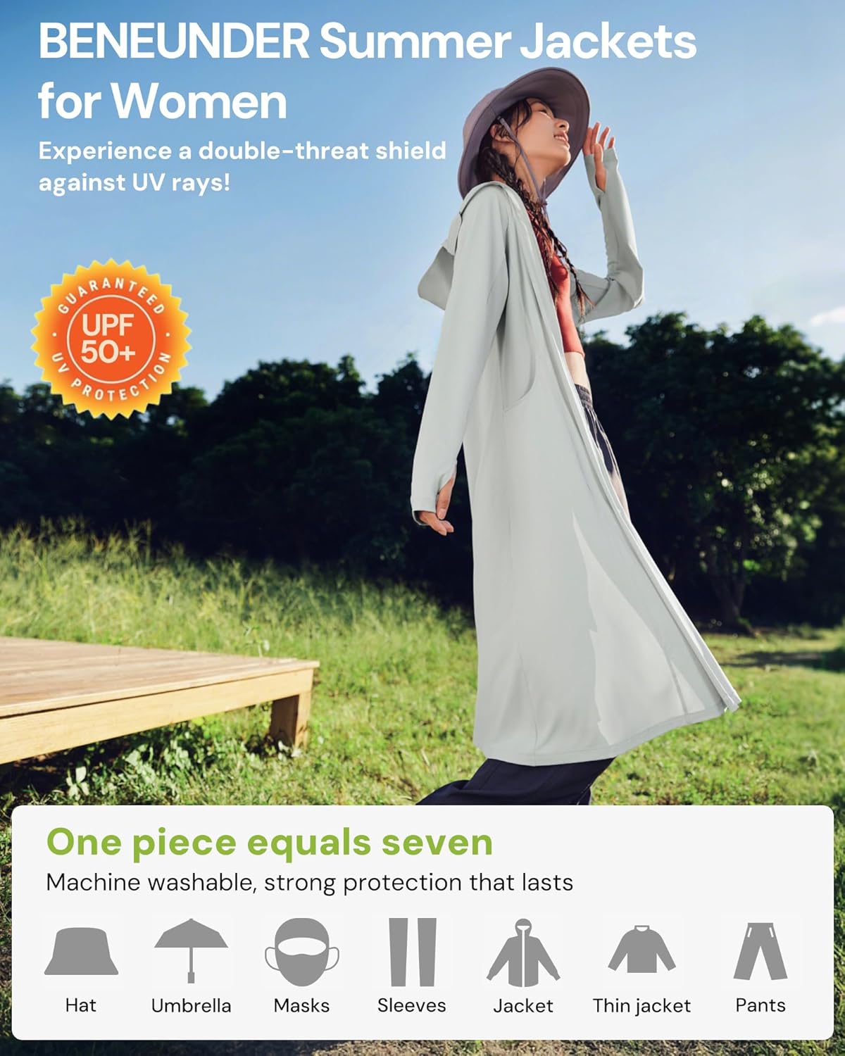 BENEUNDER Upgraded UPF50+ Sun Protection Women's Long Lightweight Hoodie Jacket Active Sun Shirts for Outdoor Hiking Workout