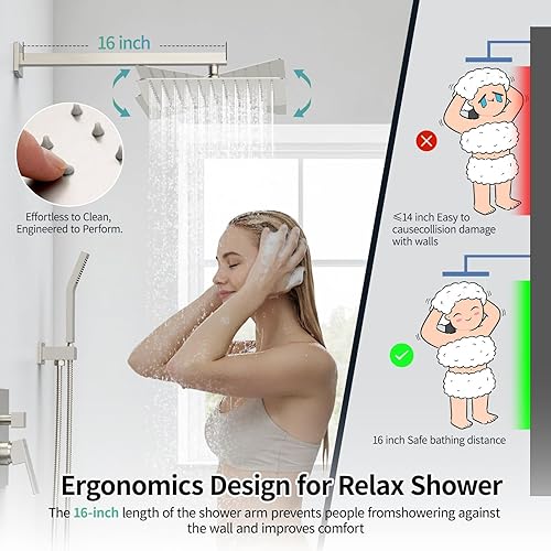 Miniatura 5 de SR SUN RISE Juego de grifo de ducha cuadrado para baño, cabezal de ducha de lluvia con rociador de mano montado en la pared, accesorios de ducha