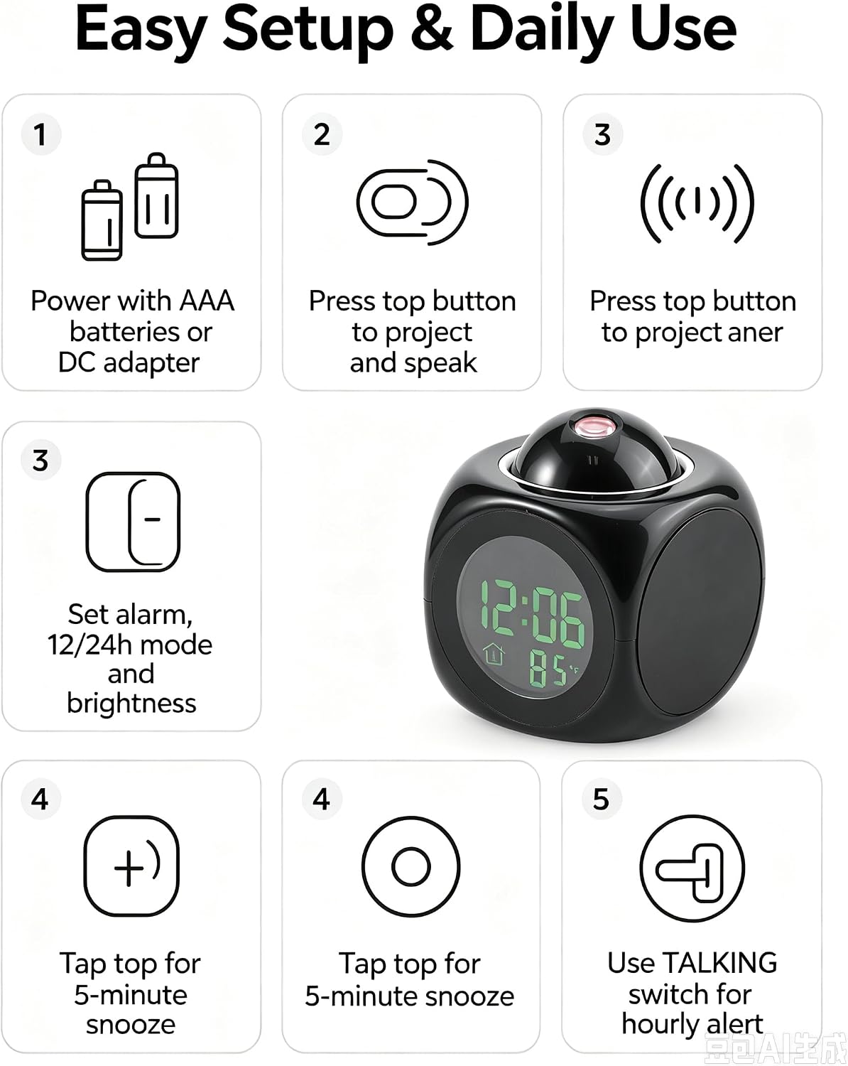 Projection Alarm Clock, Digital Voice Report, Simple Shine on Ceiling Clock
