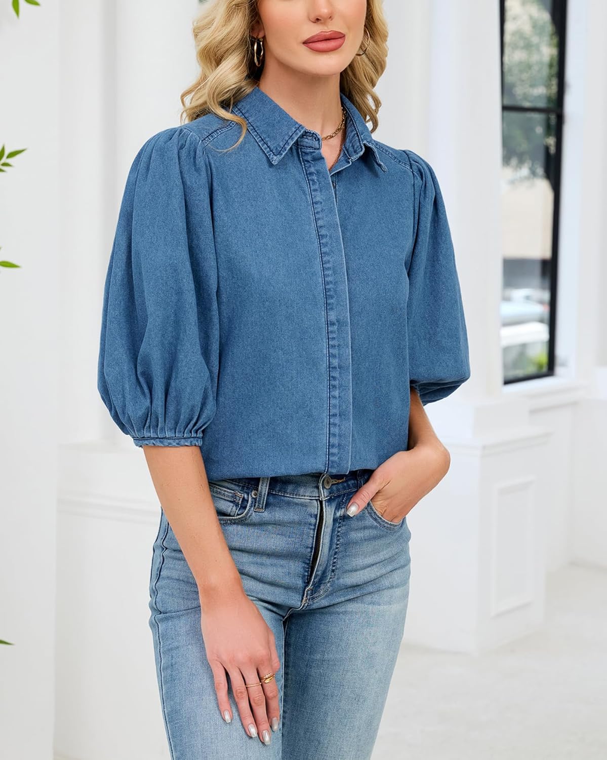 Women's Puff Sleeve Denim Shirt Button Down Lightweight Casual Jean Blouses - Image 6