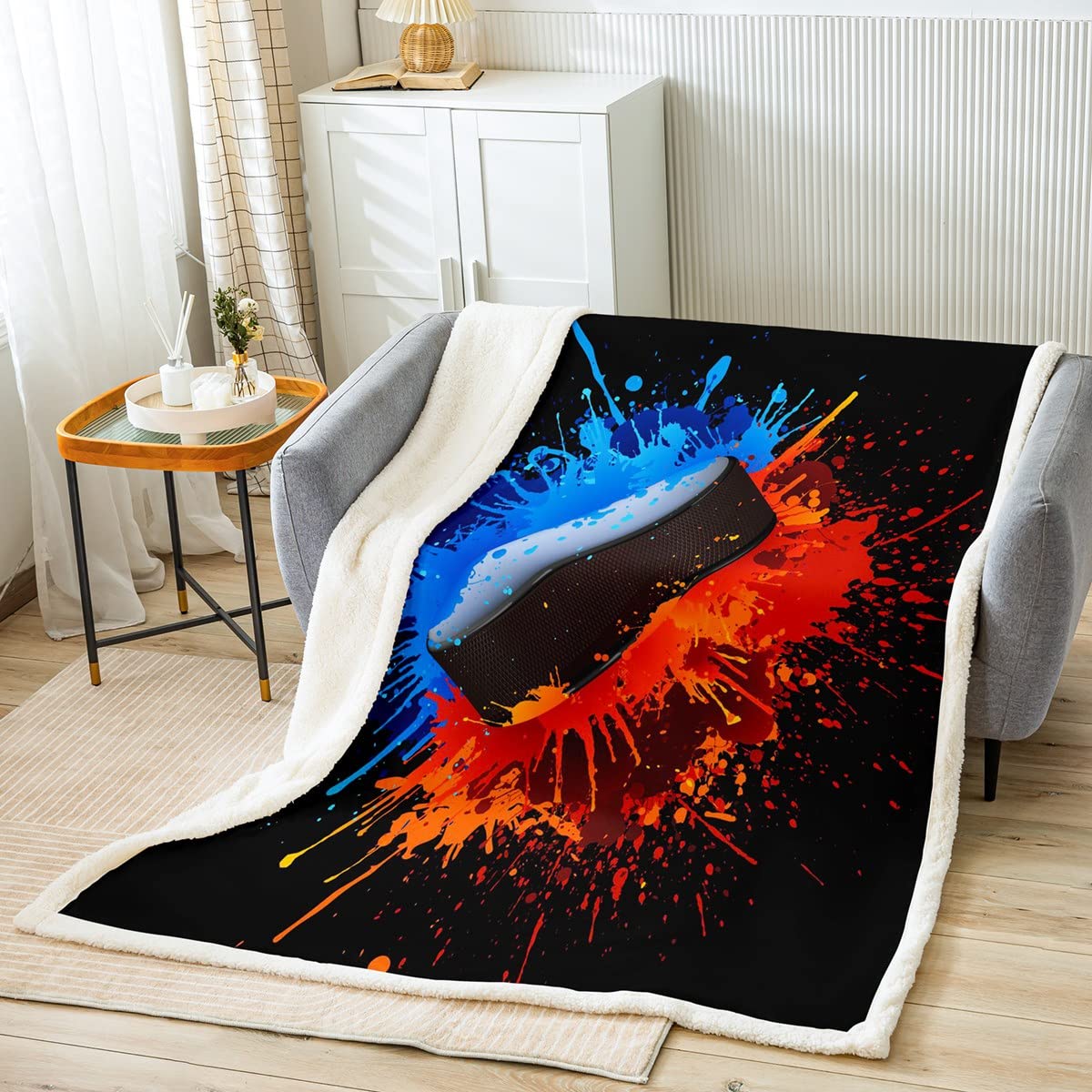 Loussiesd Ice Hockey Plush Blanket Hockey Player Fleece Throw Blanket Winter Sports Event Blue Tie Dye Sherpa Blanket for Bed Sofa Microfiber Hockey Punk Warm Fuzzy Blanket Double 60x79 Inch