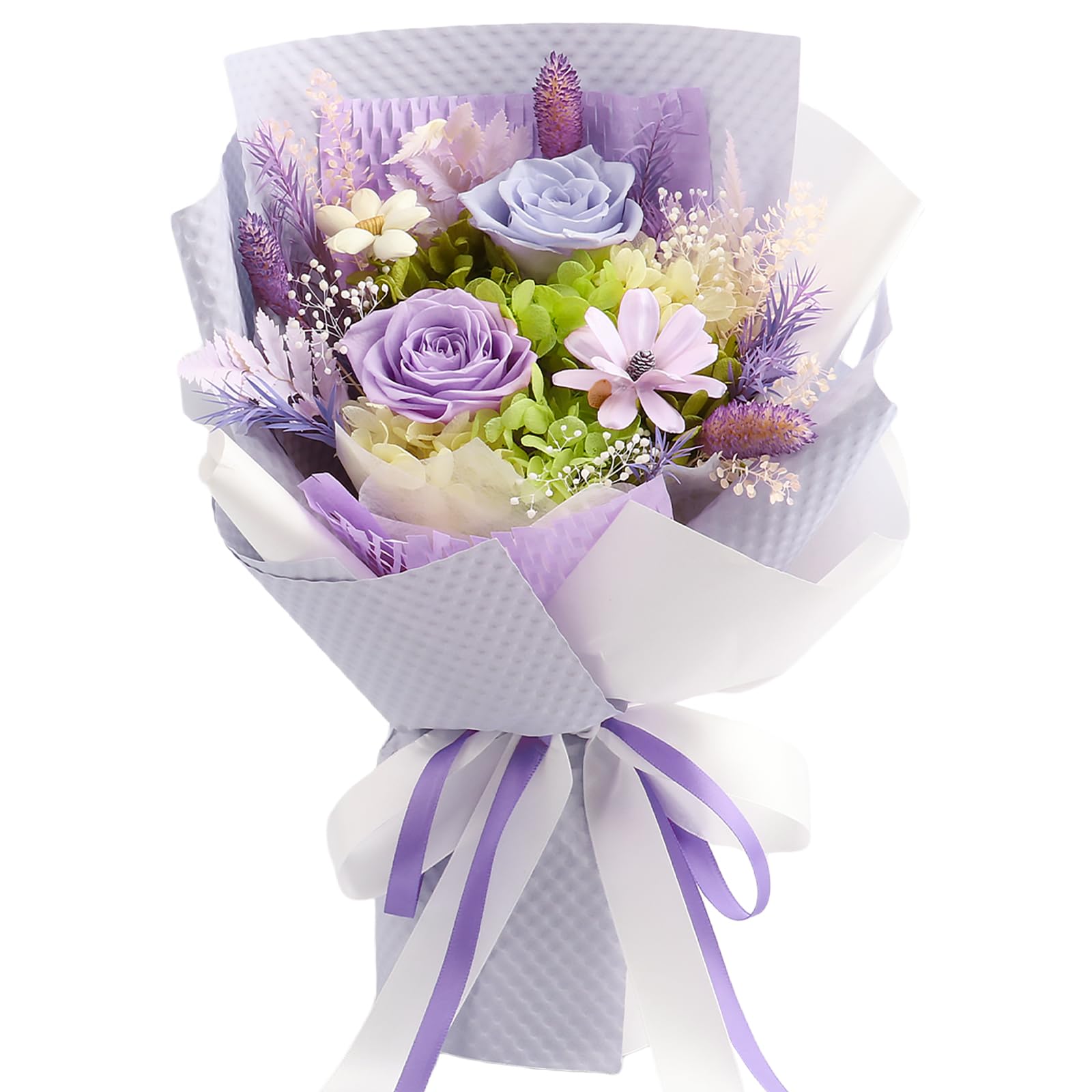 Photo 1 of iLovDesign Preserved Flowers Bouquet, Long Lasting Floral Arrangement with Gift Box, Ideal for Mom, Wife, Women & Friends (Light Purple)