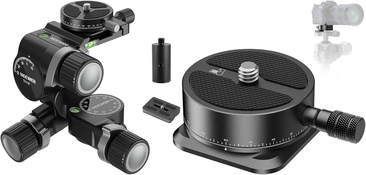 NEEWER 3 Way Geared Tripod Head with 360°Pan Arca Type QR Plate, Millimeter Micro Adjustment, 3 Axis Pan Tilt Head with Quick Switch Large & Fine Dual Modes, Panoramic Quick Release Plate