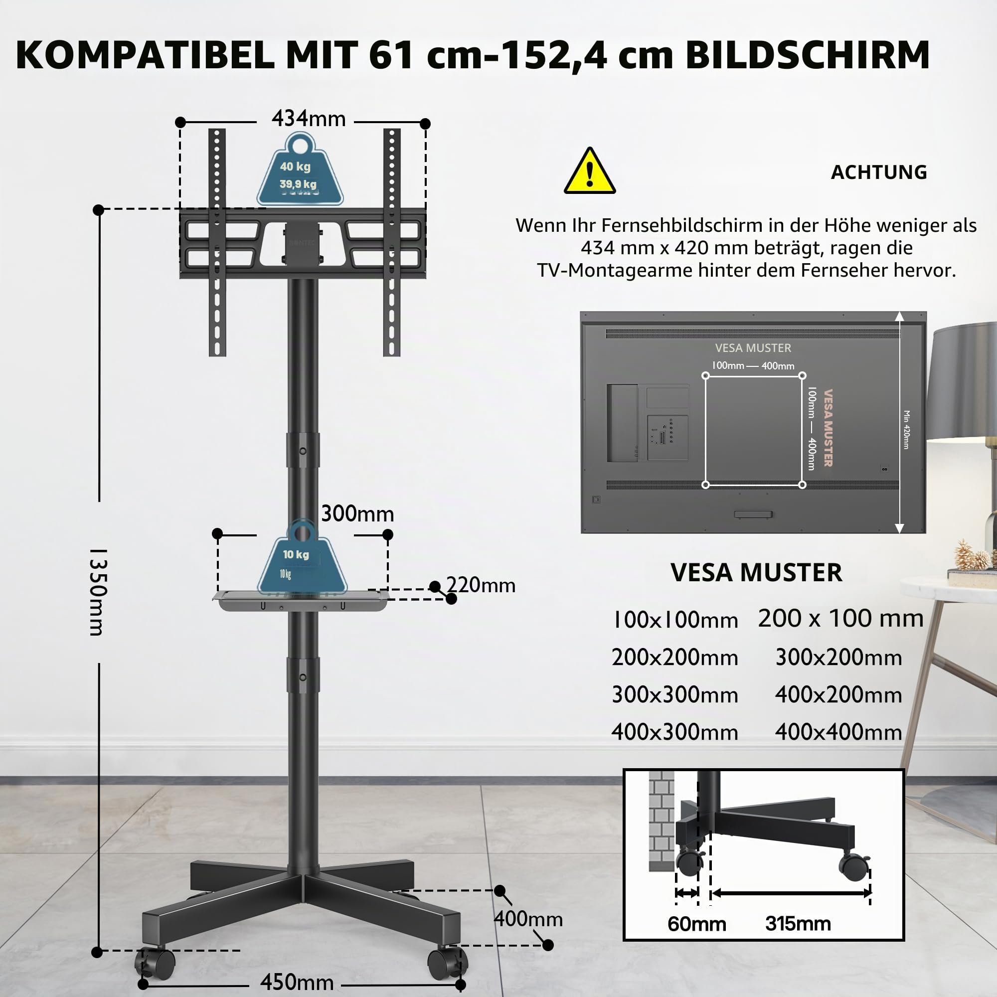 BONTEC TV Ständer Rollbar für 24-60 Zoll LCD LED OLED, Max. VESA 400x400mm, bis 40 kg, Neigbar und Höhenverstellbarer Fernsehständer mit Rollen und Medienablage, Schwarz