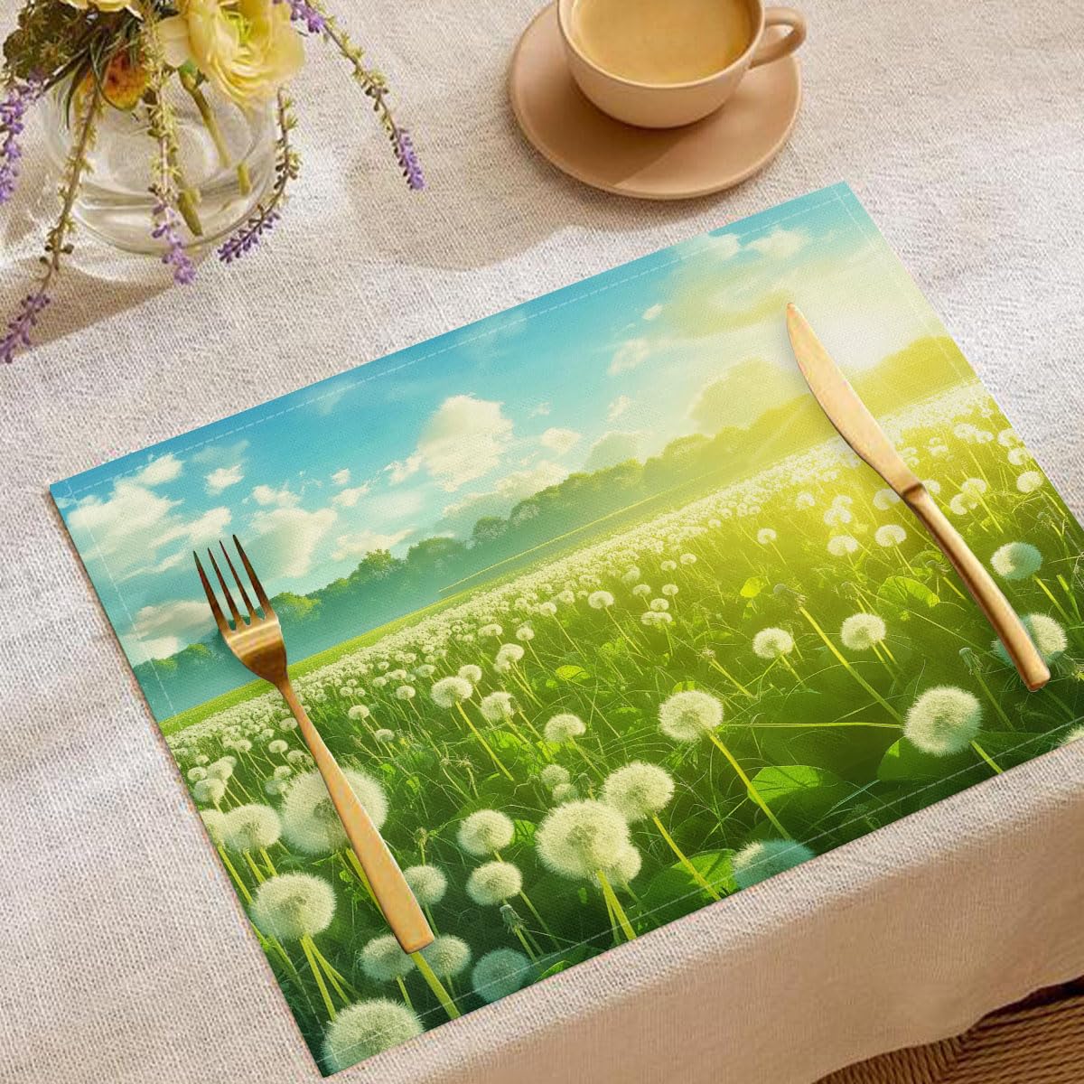 8 Tovagliette Colazione Stoffa 45 x 30 cm,Tarassaco Campagna Tovagliette Americane Lavabili, Placemats Campagna Campi per Primavera Vacanze Cucina Feste, Pasqua