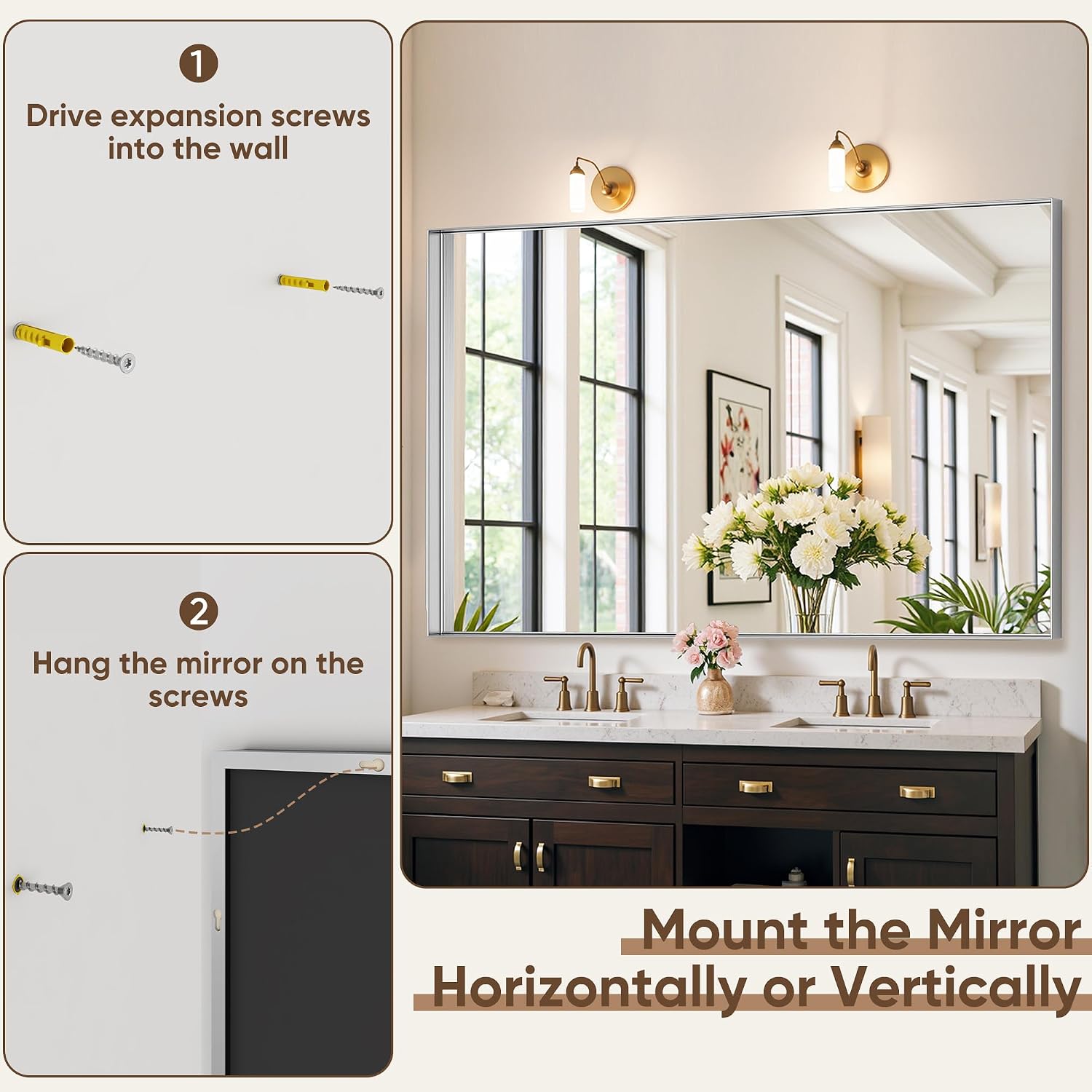 Silver Bathroom Mirror 48x30 Inch, Rectangle Mirror with Metal Deep Frame, Wall Mirrors for Over Sink, Vanity, Bedroom, Bathroom, Hangs Horizontally or Vertically