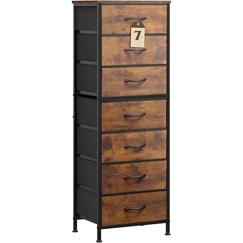 WLIVE Tall Dresser for Bedroom, 7 Drawer Dressers & Chests of Drawers, Fabric Dresser for Closet, Night Stand with Metal Frame, Storage Tower with Fabric Bins, Wood Top, Rustic Brown Wood Grain Print