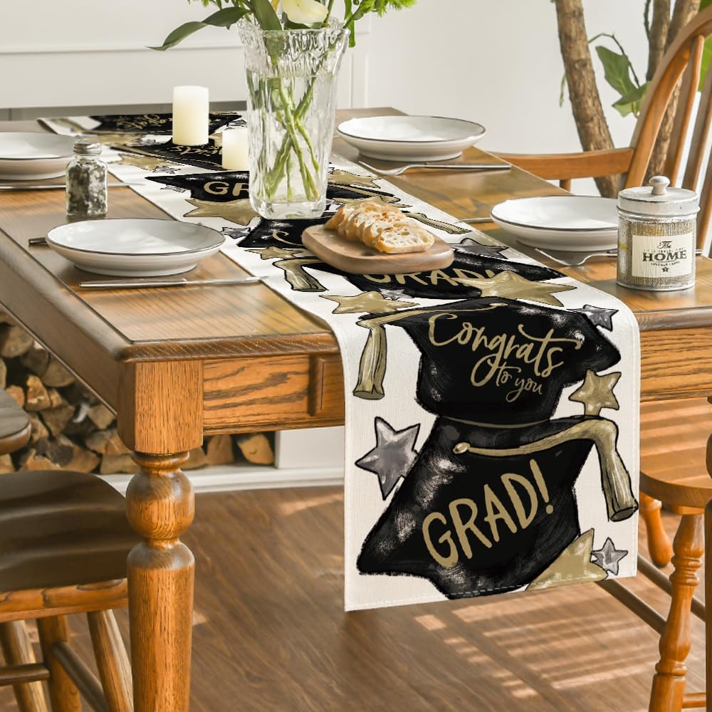 Artoid Mode Watercolor Congrats to You Star Trencher Cap Graduation Table Runner, Kitchen Dining Table Decoration for Home Party Decor 13x120 Inch image 4