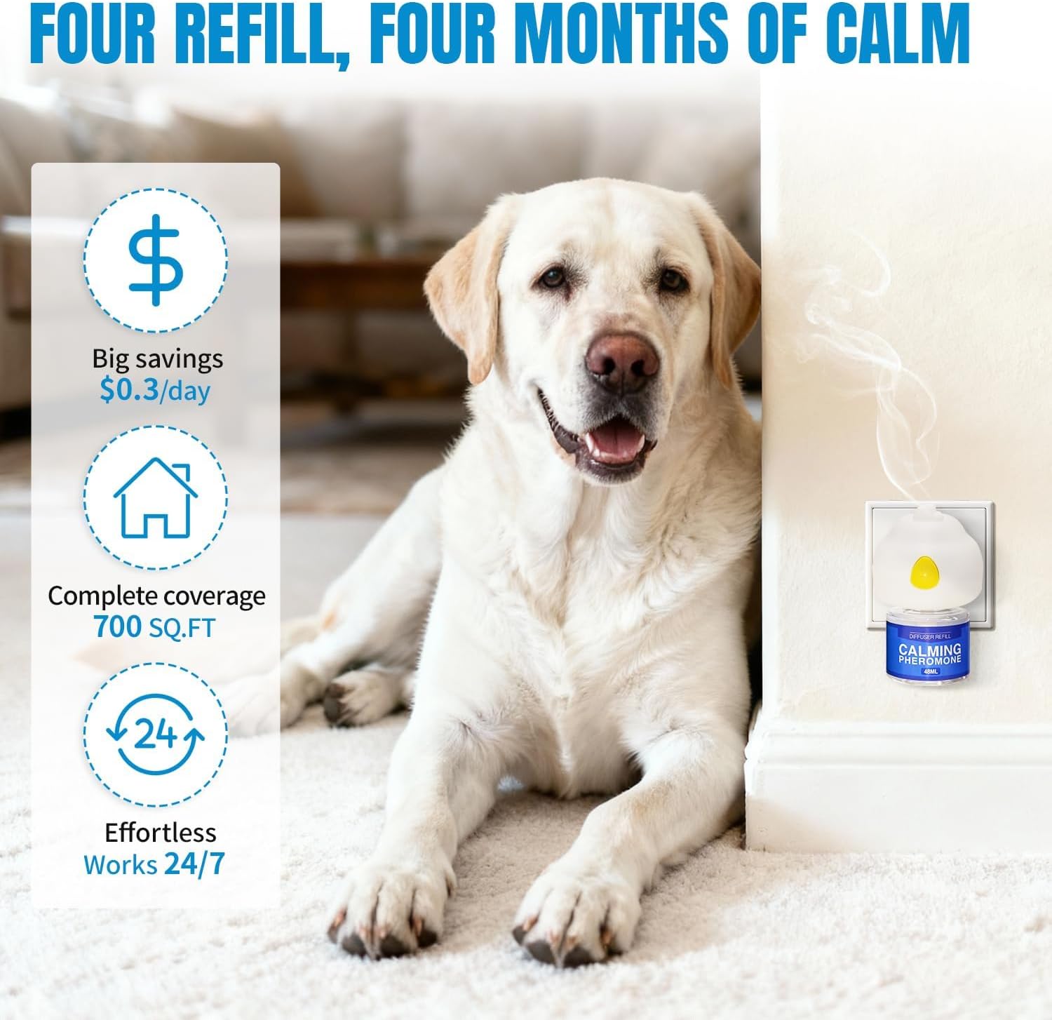 Dog Pheromones Calming Diffuser Anxiety Relief Calming Diffuser for Dog Reduce Aggression Stress Fighting Barking Chewing Pee Accidents & Separation Behaviors, 2 Plug in+4x48ml Refill