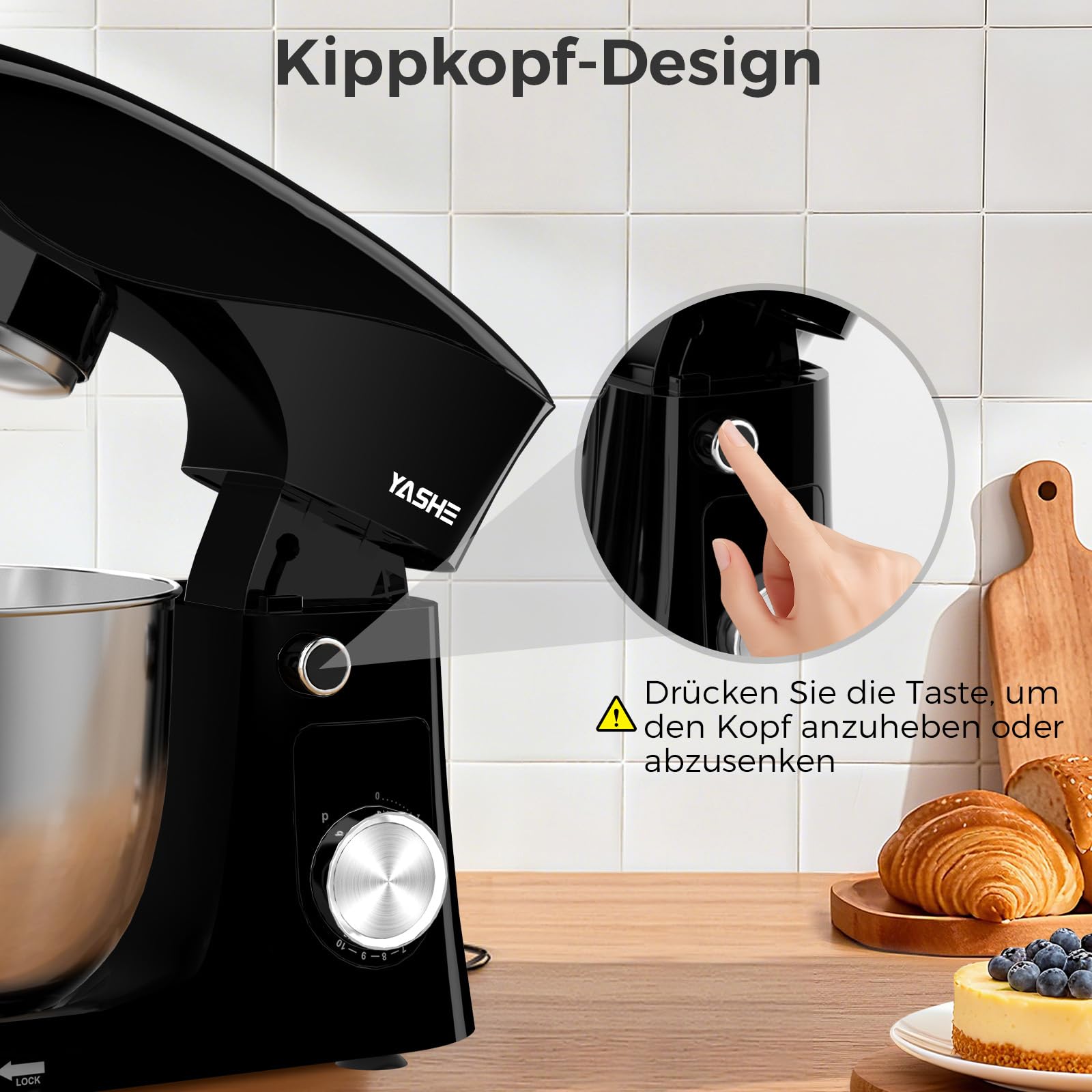 YASHE Küchenmaschine 1500W, leistungsstarke Knetmaschine mit 4,5 + 5L Edelstahlschüsseln, 10+P Geschwindigkeiten, Kippkopf, Knethaken, Rührbesen und Schneebesen