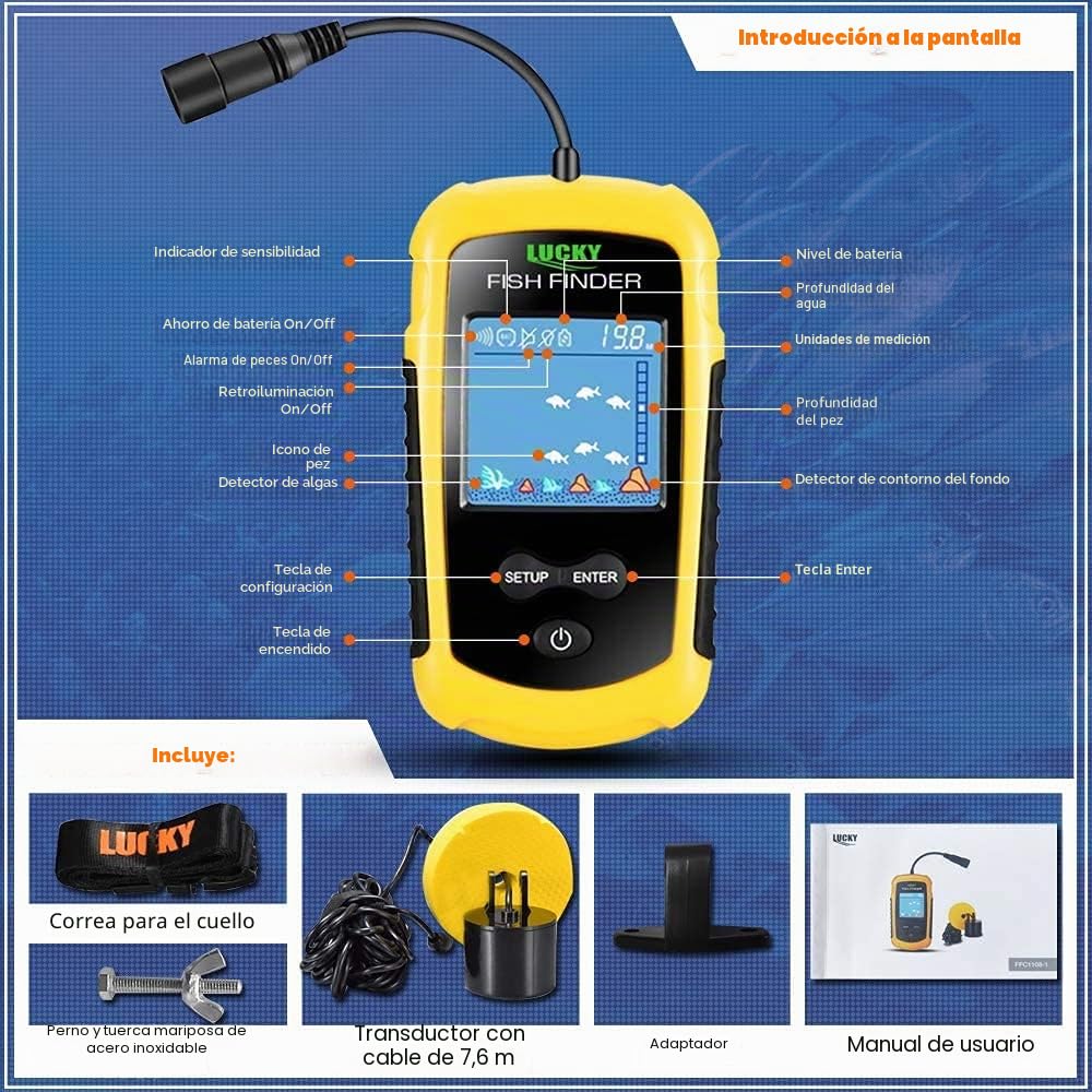 LUCKY Buscador de Peces Portátil con Sonda y Transductor para Kayak de Pesca Pantalla LCD