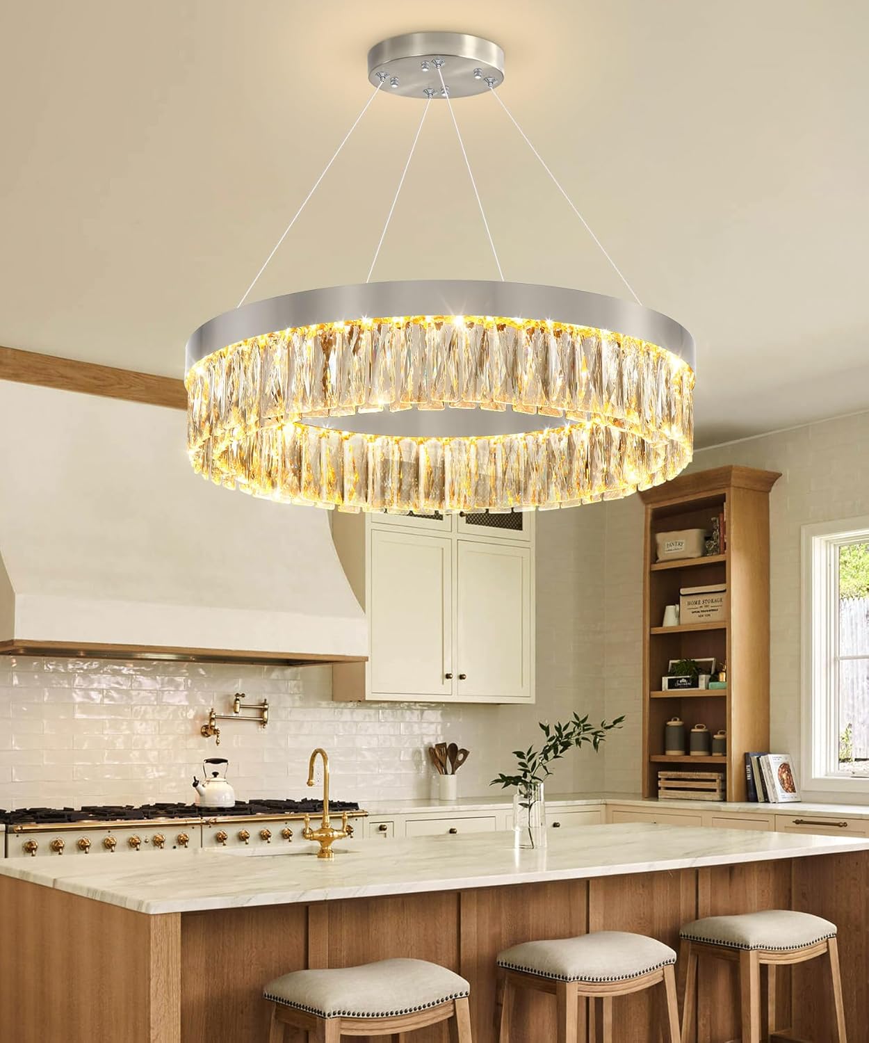 23.6" 1 Ring Modern LED Dimmable Ring Chandelier Adjustable Round Crystal Chandelier for Dining Room Living Room Silver