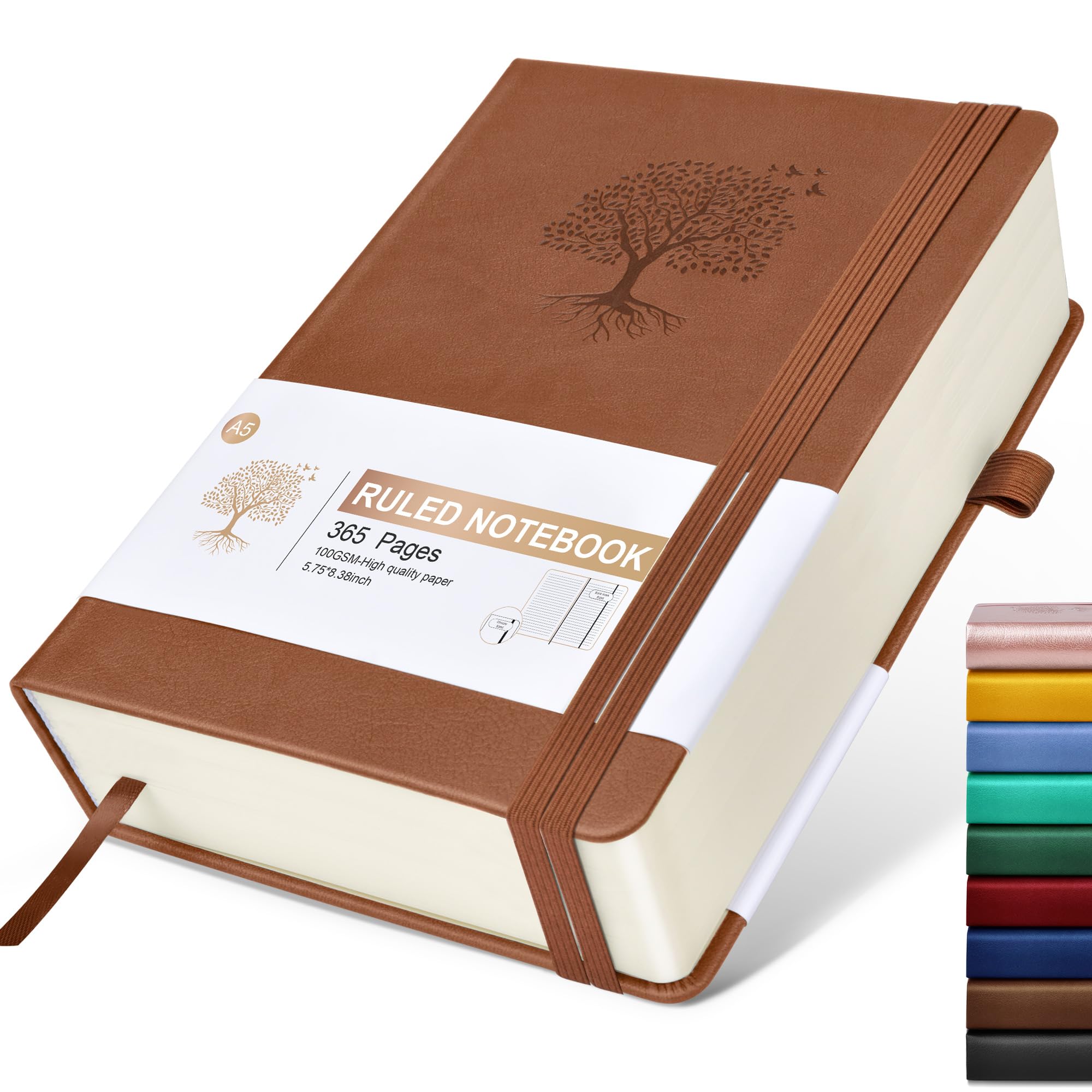 Lined Journal Notebook -365 Pages A5 Thick for Writing Men Women, College Ruled Notebook, Hardcover Leather Journal, Daily Work, Note Taking, 100Gsm Paper ( 5.75in X 8.38in Brown)