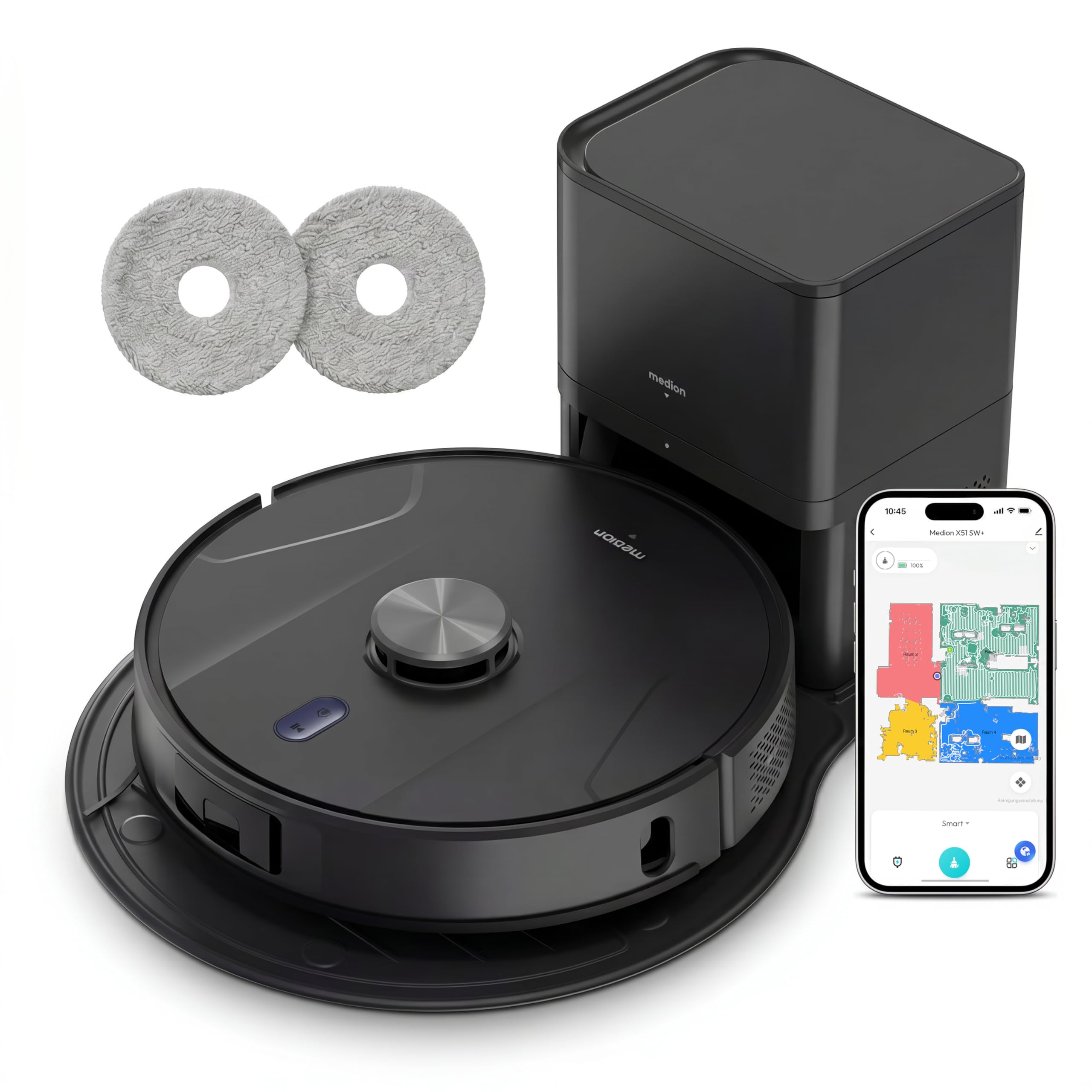MEDION Saugroboter mit 2-in-1 Absaugstation, Lasernavigation und Wischfunktion X51 SW+ (Starke 10000Pa Saugkraft, 2in1 Roboterstaubsauger, rotierende Wischmopps, Kreuzlinienlaser) grau