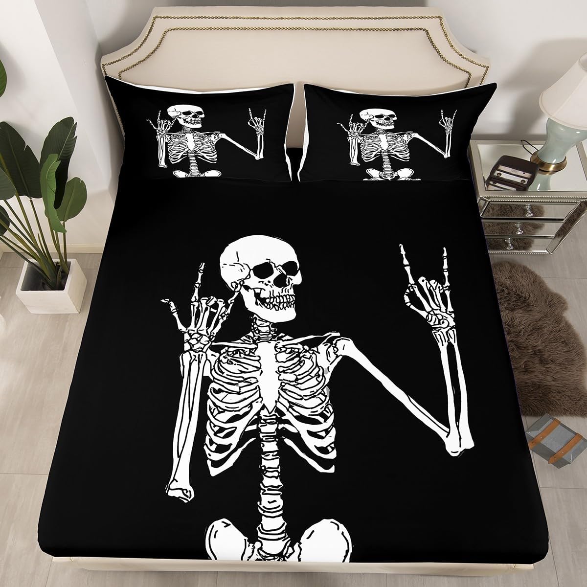 Erosebridal Gothic Skull Bed Sheets Full, Halloween Rock Roll Music Hippie Posing Skeleon Fitted Sheet, Black Bedding Set, Funny Skull Skeleton Victory Sheets with 2 Pillowcases
