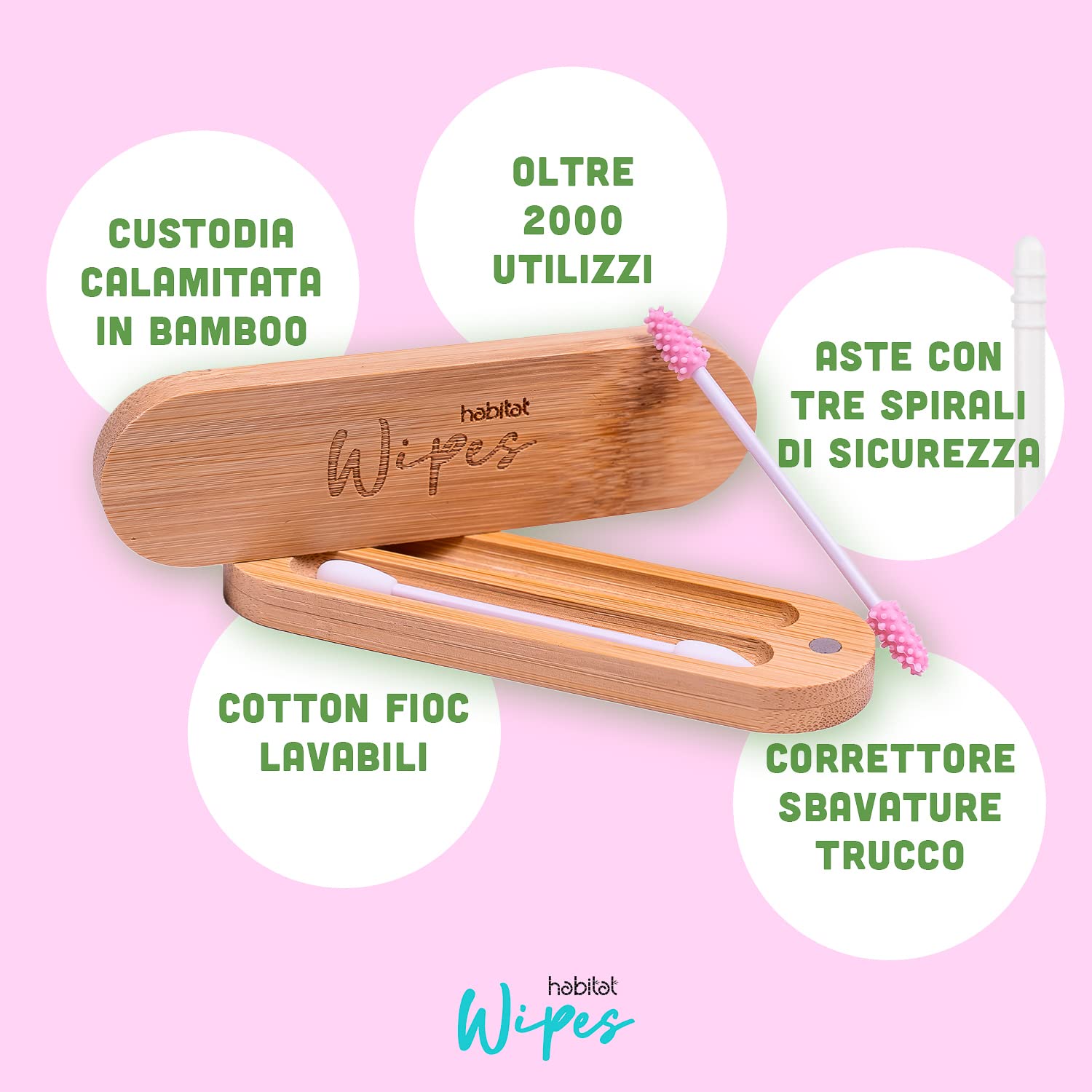Habitat Wipes - Cotton Fioc Riutilizzabili per orecchie e per make-up in Scatola di bambu - Materiale Ecologico in Silicone Reusable Biodegradabili Lavabili Eco-Friendly - Rosa e Bianco