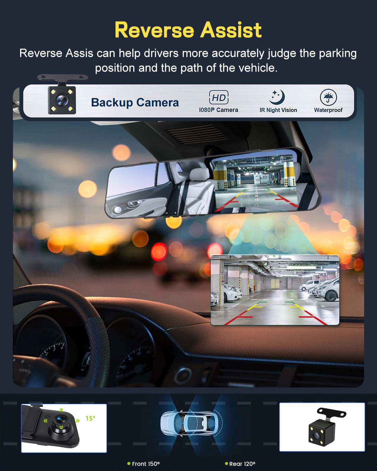 NHOPEEW 1080P Dash Cam con specchio e schermo da 4,5 pollici - Telecamere anteriori e posteriori Supporta registrazione in loop Controllo dell'esposizione della linea di retromarcia Visione notturna
