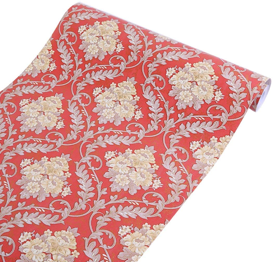 Damask Contact Paper Decorative Red Shelf Drawer Liner Dresser Wall Sticker Peel & Stick 17.7" x78.7"