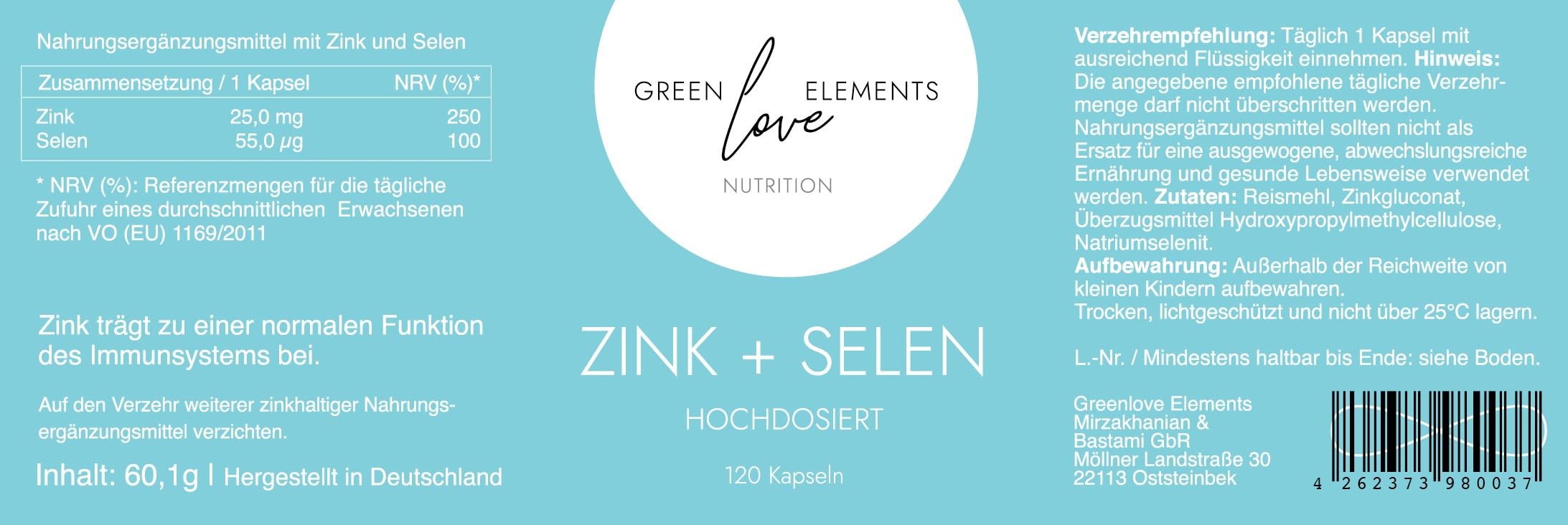 Zink + Selen Kapseln 25mg + 55 µg Hochdosiert - Vegan. In Deutschland hergestellt. Zinkgluconat- Für Haut, Haare, Nägel und Knochen. Für ein starkes Immunsystem. 120 Kapseln im Glas