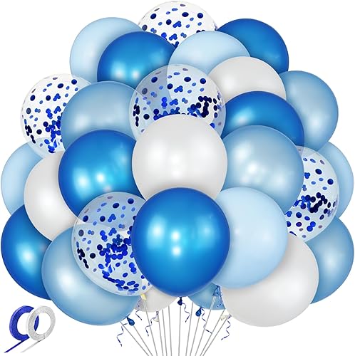 KAWKALSH Kit de 68 globos de confeti azul real, globos de fiesta de 12 pulgadas azul claro y blanco con cintas para cumpleaños, bodas, baby shower,