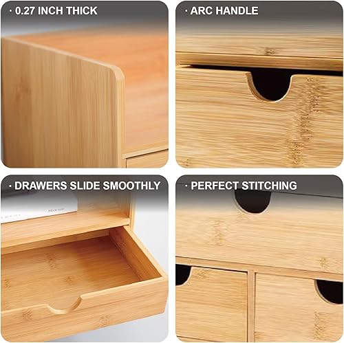 Miniatura 6 de Organizador de escritorio de bambú de 3 cajones con estante, almacenamiento de maquillaje y organizador de mesa para oficina en casa, espacio de