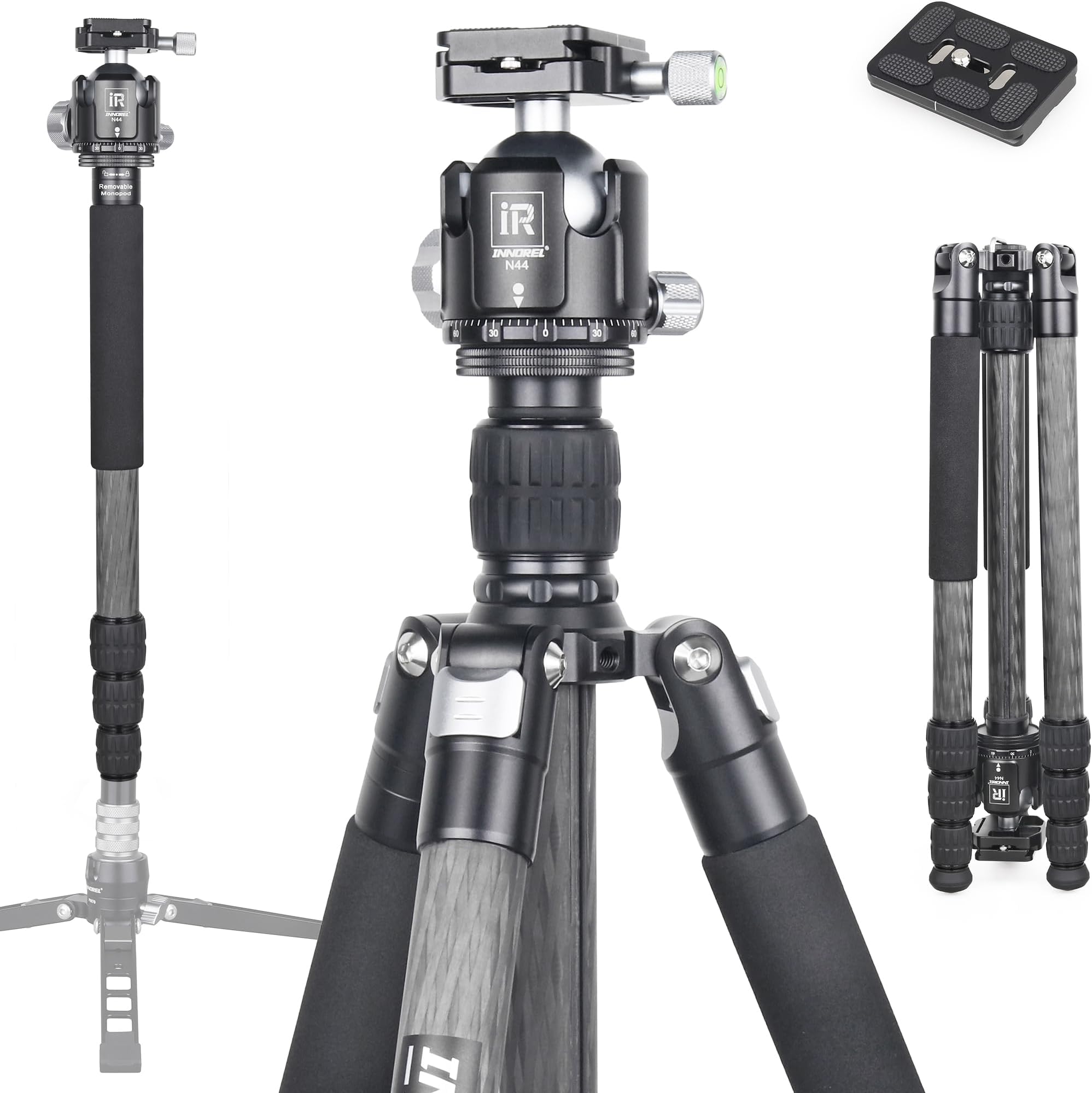 INNOREL Carbon Fiber Tripod- RT75C+N44 Ball Head set Super Professional Tripod Monopod Heavy Duty Stand Support Low Gravity Center 360ยฐPanoramic ballhead for Digital DSLR Camera(RT75C+N44)