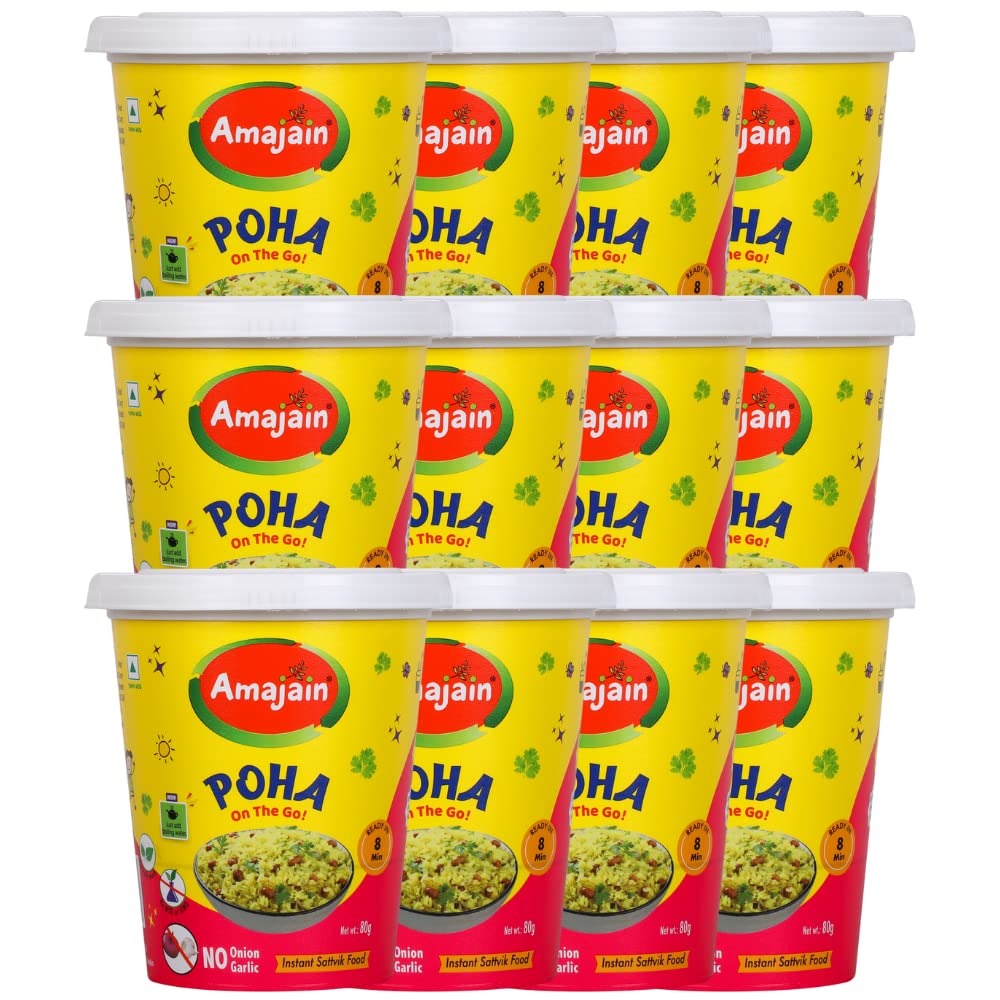 Amajain Instant Sattvik Healthy Poha, Ready-to-Eat, No Added Preservatives, No Added Flavours, Jain-Friendly, 70g (Pack of 12)