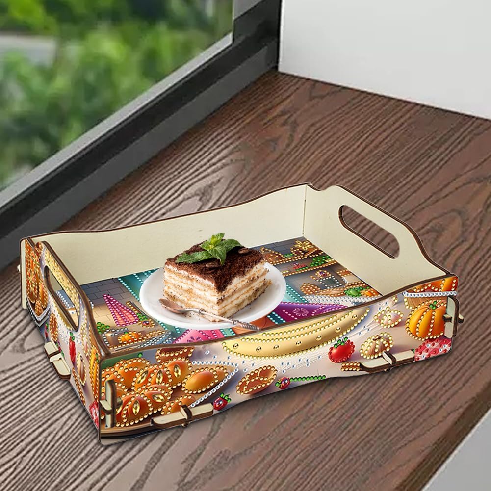 Optimistic Old Lady DIY Diamond Art Serving Tray with Handle, Wooden Craft Tray for Food Breakfast, Party & Bedroom Decor