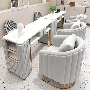 Professional Salon Nail Desk for Nail Tech 59IN Drawers & StorageGray Striped VelvetLuxurious Golden Metal, Elegant Manicure Table with 2-Layer Design