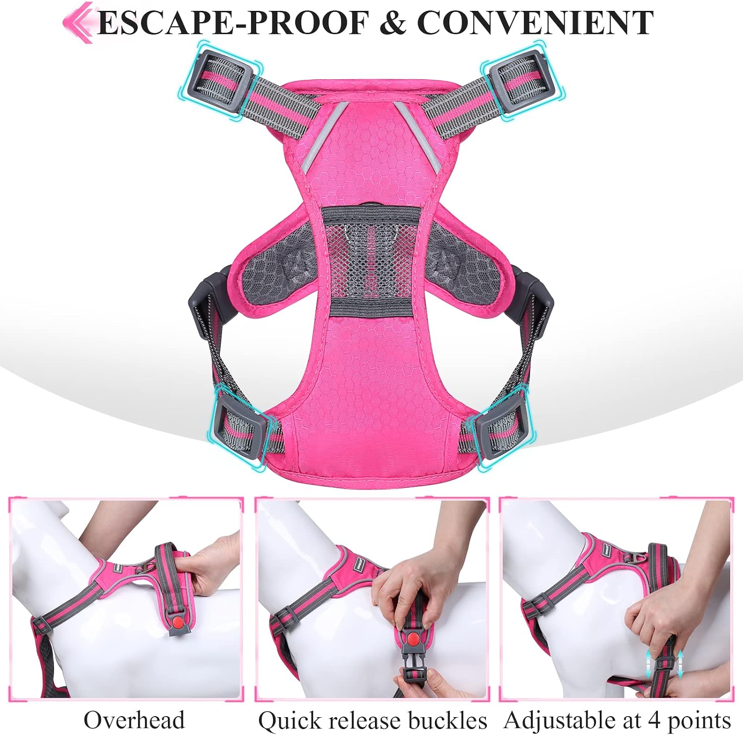 VIVAGLORY No Pull Dog Harness, Soft Padded Easy Control Handle Dogs for Walking & Training, Escape Proof Reflective Pets Vest Harnesses with Front Hook for Large Dogs, Pink