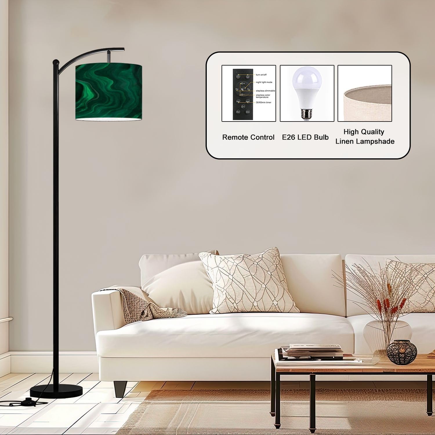 Arc Floor Lamp Green Emerald Luxury Abstract Golden line Art Marble Modern Tall Standing Lamp Dimmable with Remote Adjustable Drum Shade Footswitch for Living Room Bedroom Office