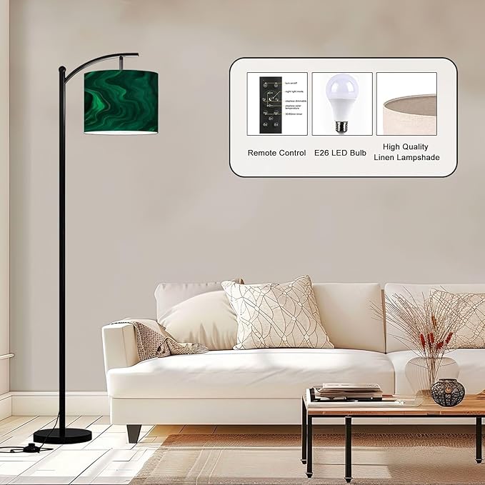 BVCAHSAW Arc Floor Lamp Green Emerald Luxury Abstract Golden line Art Marble Modern Tall Standing Lamp Dimmable with Remote Adjustable Drum Shade Footswitch for Living Room Bedroom Office photo 3