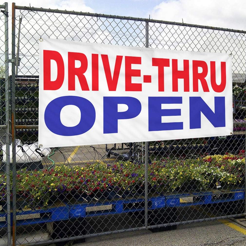 Vinyl Banner Multiple Sizes Drive-Thru Open Red Blue Business Outdoor Weatherproof Industrial Yard Signs 4 Grommets Design Only 24x36Inches