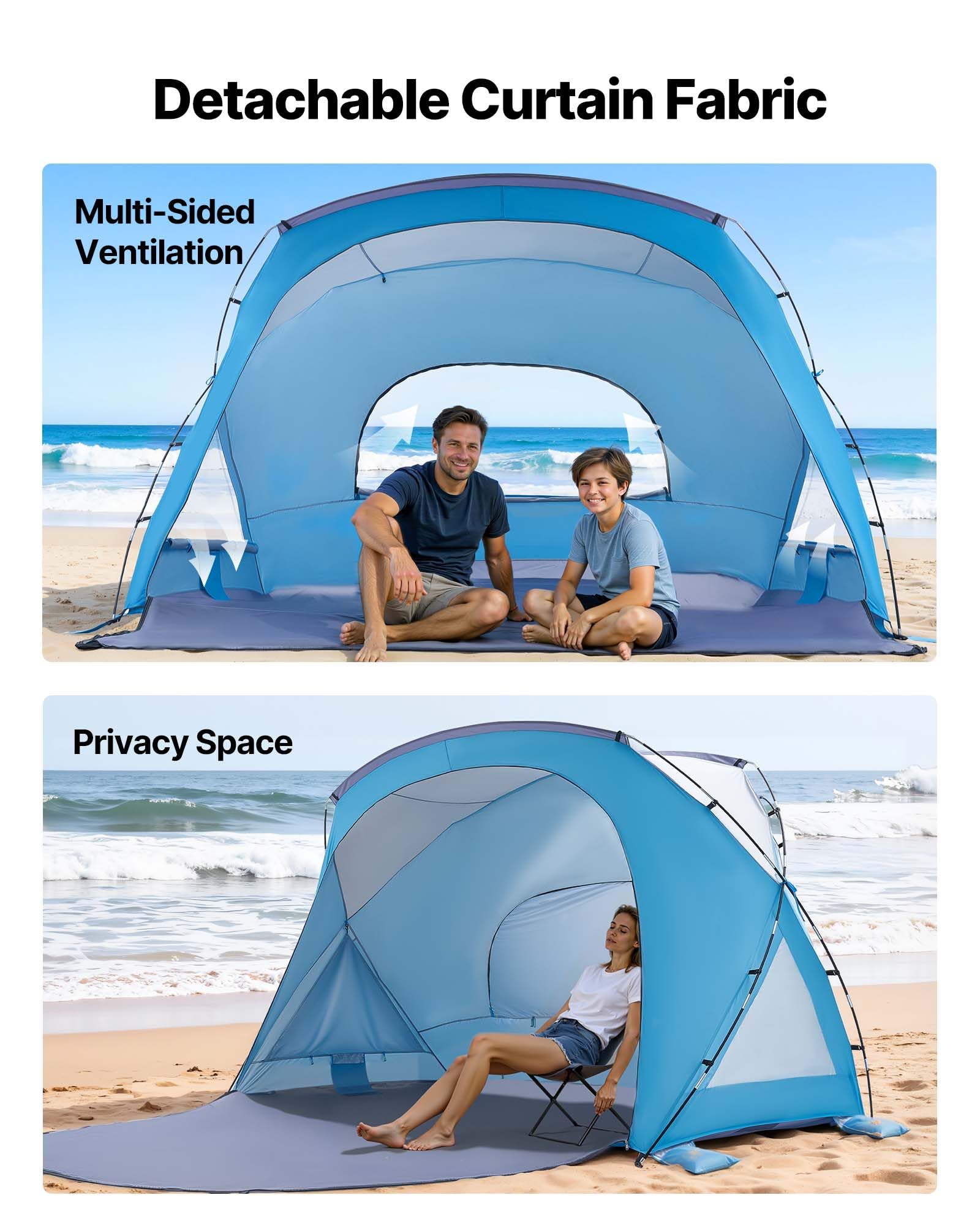 VEVOR Namiot plażowy dla 6 osób, UPF 50+, przenośny parasol plażowy z torbą do przenoszenia i kieszeniami na piasek, lekki i łatwy w instalacji, parasol plażowy na kemping