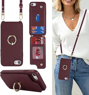 Lipvina - Funda para iPhone 7 Plus / 8 Plus con tarjetero y correa para mujer, cordón cruzado, soporte de anillo de soporte, cierre a presión, fundas tipo cartera para teléfono de 5.5 pulgadas (rojo