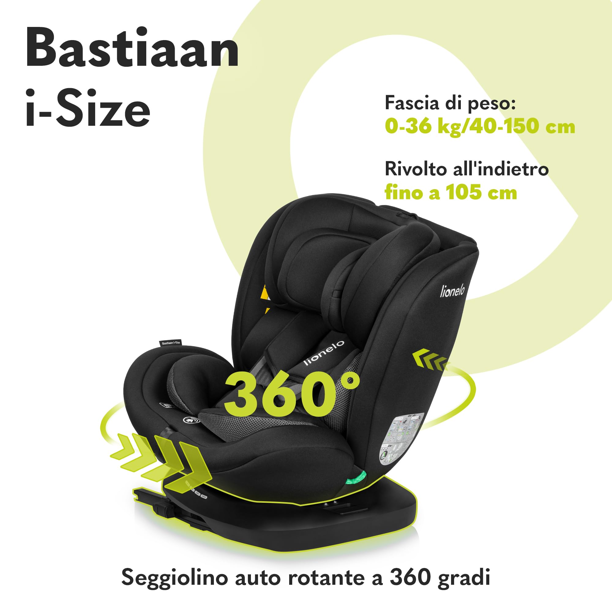 Lionelo Bastiaan i-Size Seggiolino Auto Evolutivo 4-in-1 per bambini 0-12 Anni (40-150 cm) ISOFIX e l'ultima Norma R129 Opzione Rivolto All'indietro, 21 Regolazioni, Girevole 360° Protezione Laterale