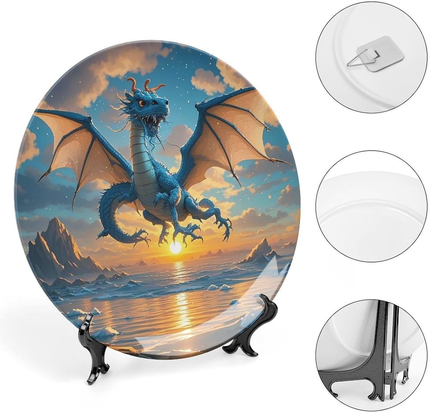 Sea Sunset Flying Dragon Decorative Ceramic Plate Round Porcelain Plate Decor Personalized Bone China Decorative Plates Ceramic Ornaments Dessert Plates with Display Stand 10inch