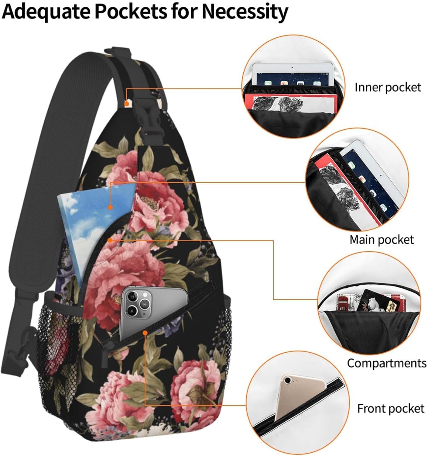 Dark Vintage Floral Pattern Crossbody Sling Bag for Women Men Watercolor Peonies and Delphinium Travel Sling Backpack Casual Shoulder Bag Cute Spring Flower Print Gym Sports Hiking Daypack - Image 3