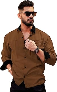 Maniac Mens Solid Collared Neck Full Sleeve Biscuit and Black Cotton Shirt Price In India