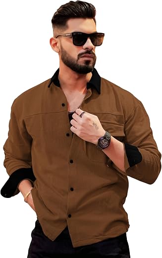 Maniac Mens Solid Collared Neck Full Sleeve Biscuit and Black Cotton Shirt