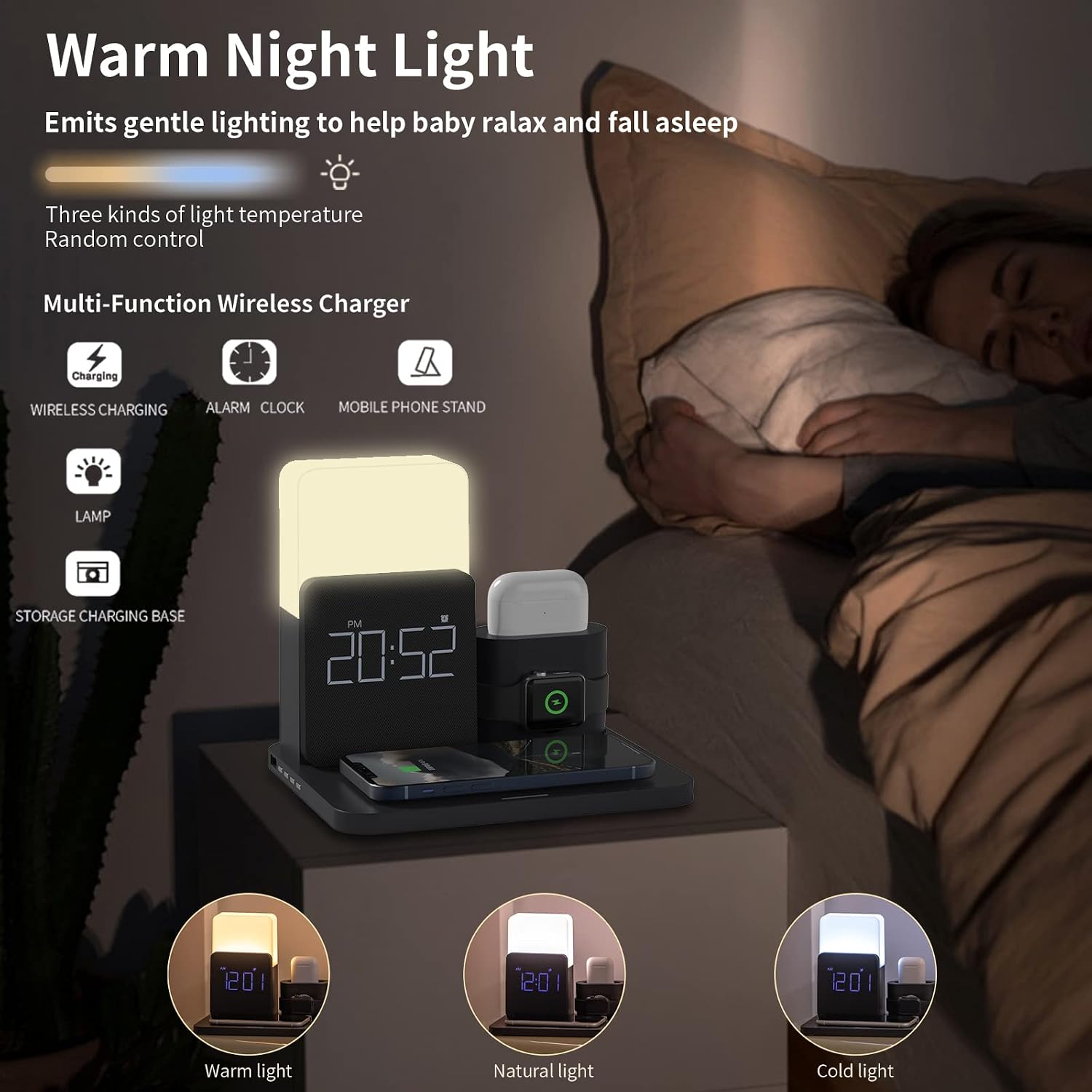 Wireless Charger,3 in 1 Fast Charging Station with Digital Alarm Clock,Night Light,Compatible for Apple Watch iPhone 13,13 Pro,12,12 Mini,12 Pro Max,SE 2020,11,11 Pro, AirPods,Galaxy S20