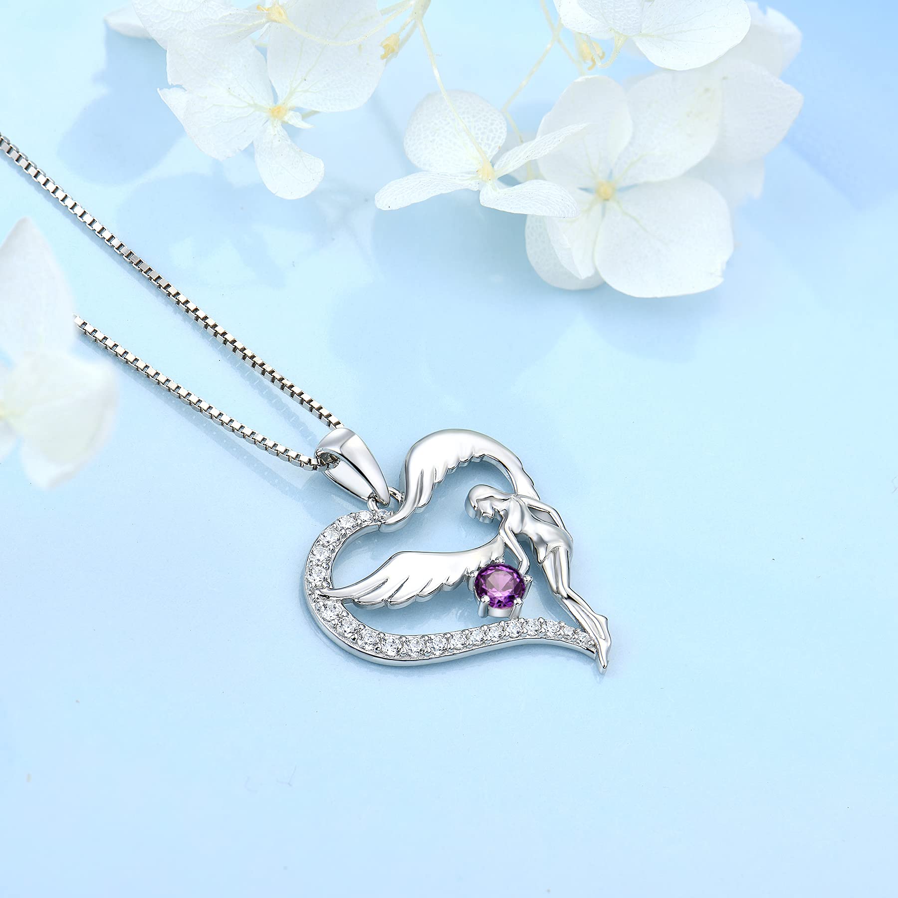 FJ Herz Schutzengel Halskette Damen 925 Sterling Silber Engelsflügel Kette Anhänger Geburtsstein Zirkonia Halskette Schmuck Geschenke für Frauen Mädchen