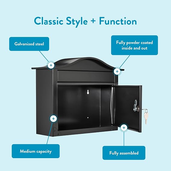 Architectural Mailboxes Saratoga Locking Wall Mount Mailbox, Black, Medium